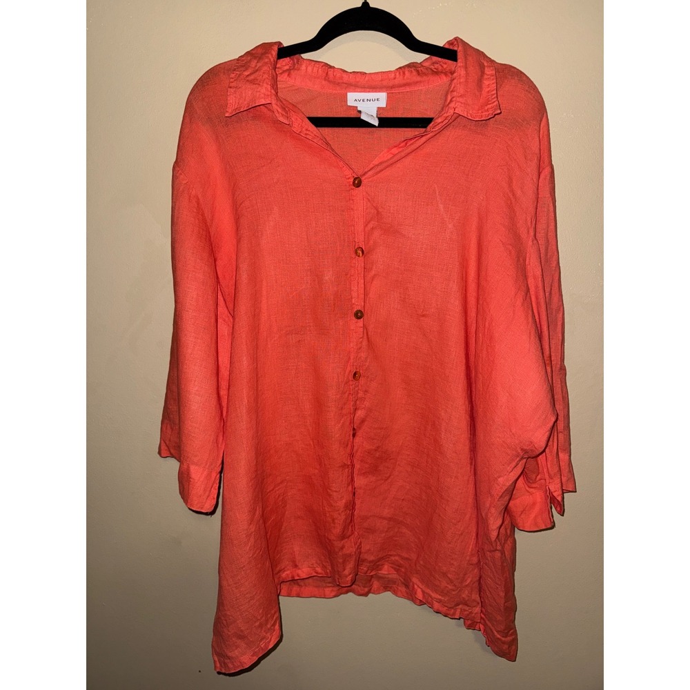 Women 100% Linen Button Down Top Coral Orange 3/4 Sleeve Plus 26/28 Minimalist